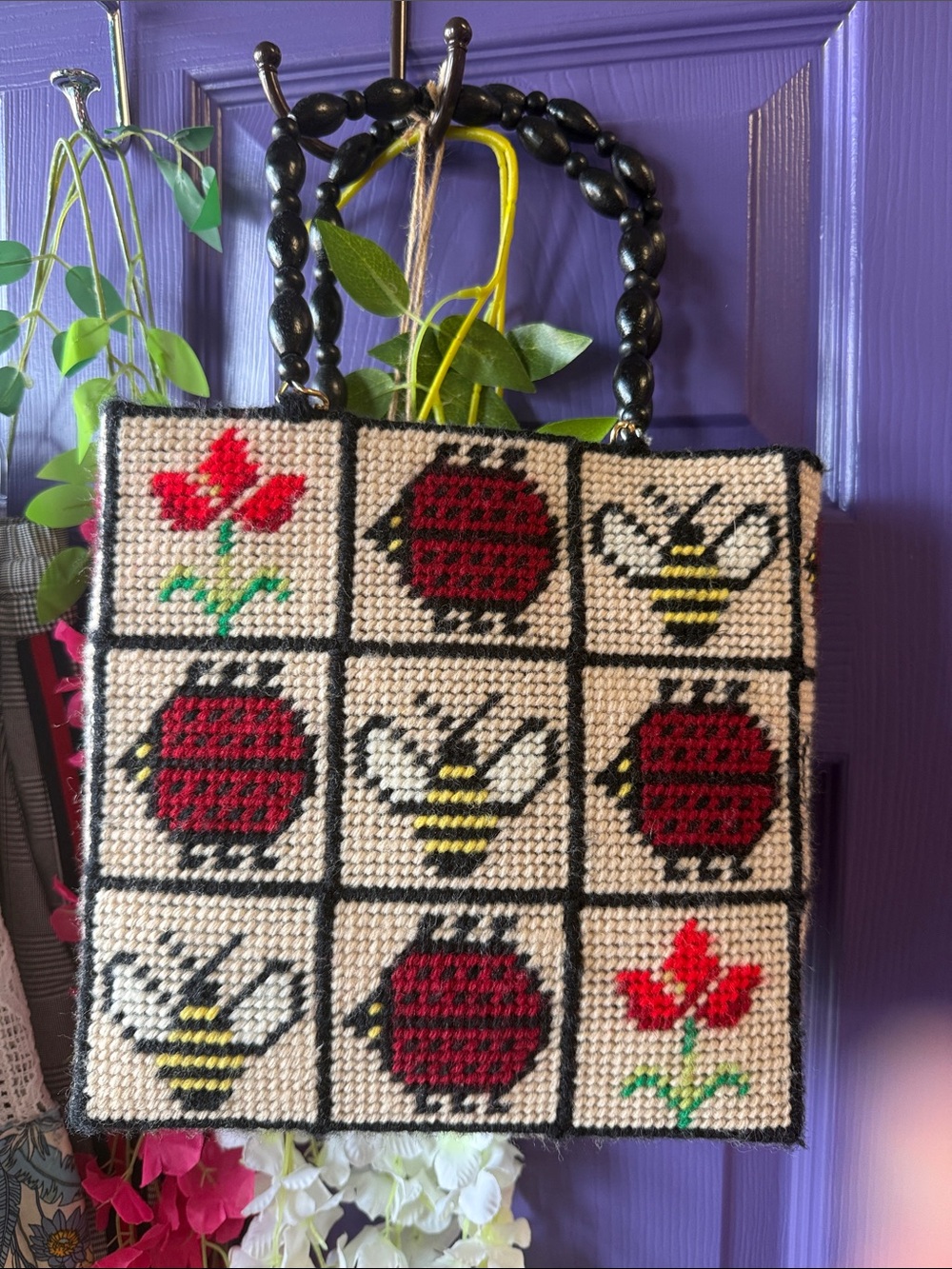 Cream Tapestry Tote with Red Ladybugs and Black Beaded Handles